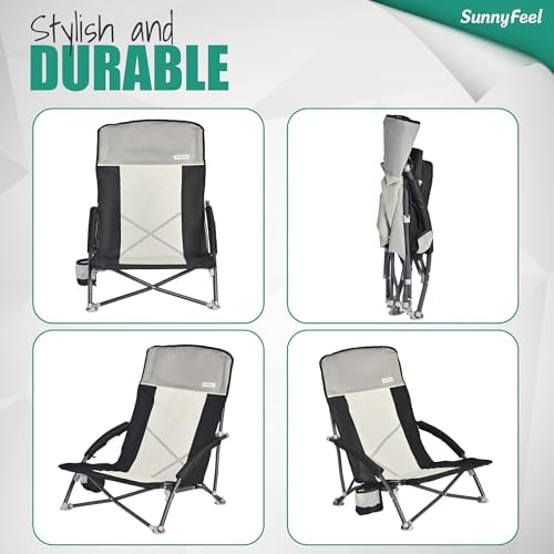 SUNNYFEEL Folding Low Camping Beach Chair 2 Pack, Lightweight Portable Lawn Chair with Mesh Back, Cup Holder for Outdoor/Travel/Picnic/Concert, Foldable Camp Backpack Chair with Carry Bag