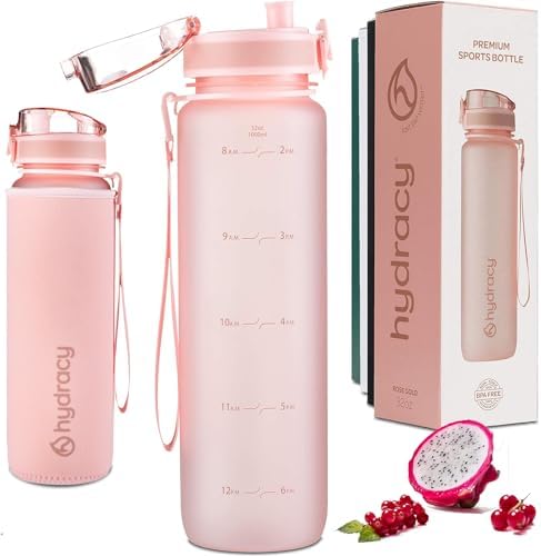 Hydracy Water Bottle with Time Marker -Large BPA Free Water Bottle & No Sweat Sleeve -Leak Proof Gym Bottle with Fruit Infuser Strainer & Times to Drink -Ideal for Fitness Sports & Outdoors