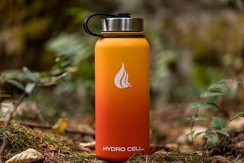 HYDRO CELL Stainless Steel Insulated Water Bottle with Straw - For Cold & Hot Drinks - Metal Vacuum Flask with Screw Cap and Modern Leakproof Sport Thermos for Adults (Red/Orange 32oz)