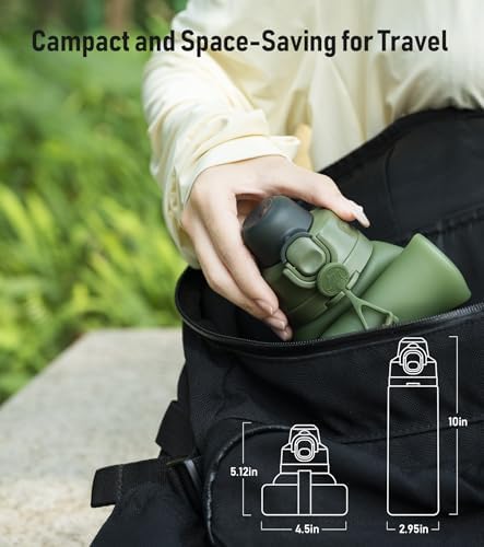 Collapsible Water Bottles 20oz, Leak Proof, BPA-Free, Foldable Silicone Travel Water Bottle with Straw Strap for Cycling, Hiking, Outdoors