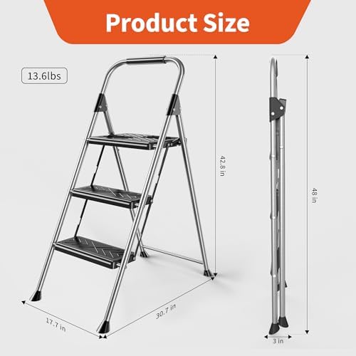 3 Step Ladder, Folding Step Stool with Anti-Slip Wide Pedal, Soft Handle, Anti-Slip Feet, Sturdiest Steel Construction, 900lbs Capacity Steel Ladder for Home and Office, Grey