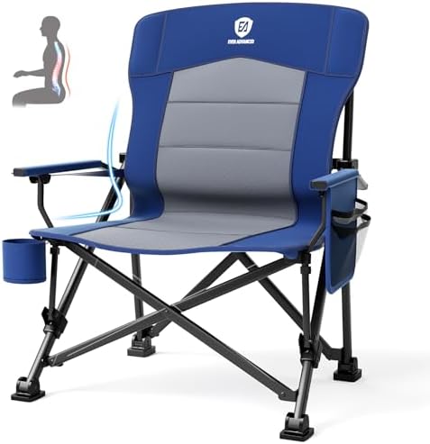 EVER ADVANCED Oversized Folding Camping Chair for Adults with Adjustable Lumbar Support, Heavy Duty Chair with Side Pockets, Portable Collapsible Quad Chair for Outside