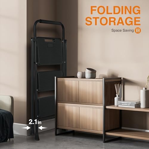 3 Step Ladder, Protable Steel Folding Stool with Wide Anti-Slip Pedal, 500lbs Sturdy Steel Ladder, Black