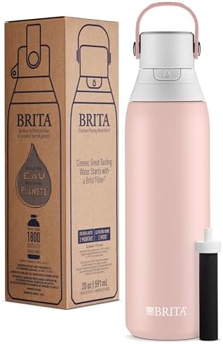 Brita Stainless Steel Premium Filtering Water Bottle, BPA-Free, Reusable, Insulated, Replaces 300 Plastic Water Bottles, Filter Lasts 2 Months or 40 Gallons, Includes 1 Filter, Rose - 20 oz.