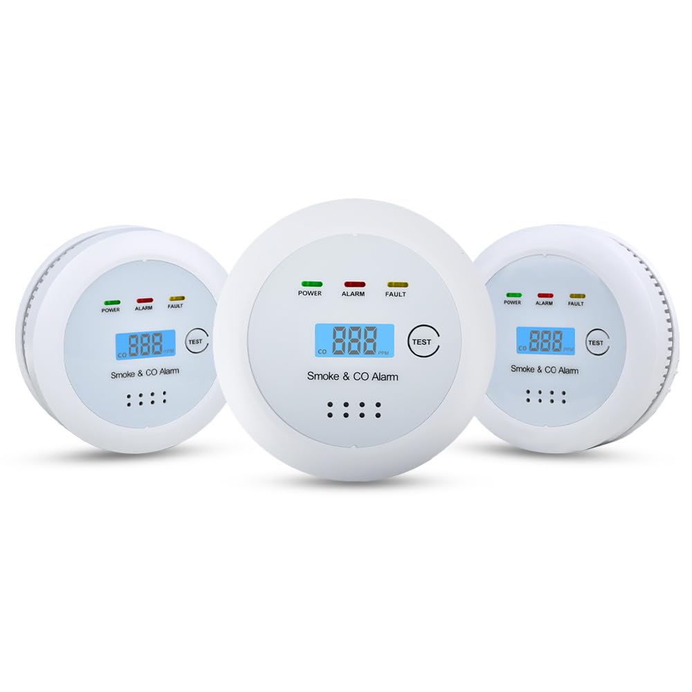 2 in1 Smoke Detector Carbon Monoxide Detector Combo,with LCD Digital Display and Sound Warning Test Button,Battery Powered,Easy Installation, for Home, Bedroom, Kitchen (3PACKS)