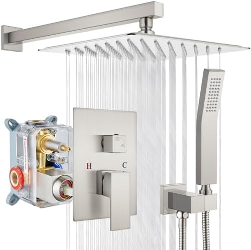 gotonovo Rainfall Bathroom Shower System Rain Shower Head and Handle Set Wall Mounted Shower Complete Combo Solid Brass Pressure Balancing Shower Mixer Valve 10 Inch Brushed Nickel