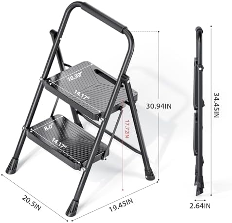 KINGRACK 2 Step Ladder, Folding Step Stool with Safe-Lock Design, 500 lbs Sturdy Steel Ladder with Wide Anti-Slip Pedal, Convenient Handrail for Household and Kitchen, Black