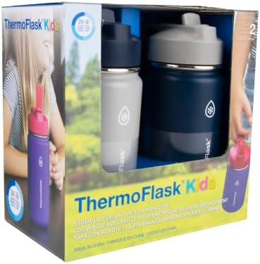 ThermoFlask Kids Bottle with Straw Lid - Durable & Dishwasher-Safe Water Bottles & Lids - Leak-Proof Bottle Lid Design - Reusable Water Bottles for Everyday Use - 14 oz, Harbor Grey/Denim (2 Pack)
