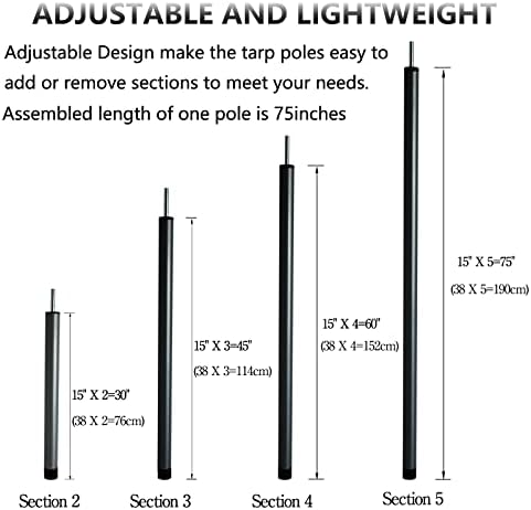 Tent Poles Adjustable Tarp Poles Steel Rods for Tarp Canopy Camping Replacement Set of 2 +Pegs & Reflective Ropes