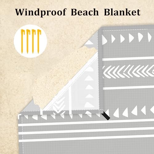78''×86'' Large Beach Blanket for 4 Adults, Outdoor Beach Mat Sand Proof Waterproof with 4 Stakes & 4 Corner Pockets, Polyester Lightweight Comapct Grey Picnic Mat for Travel, Camping, Hiking