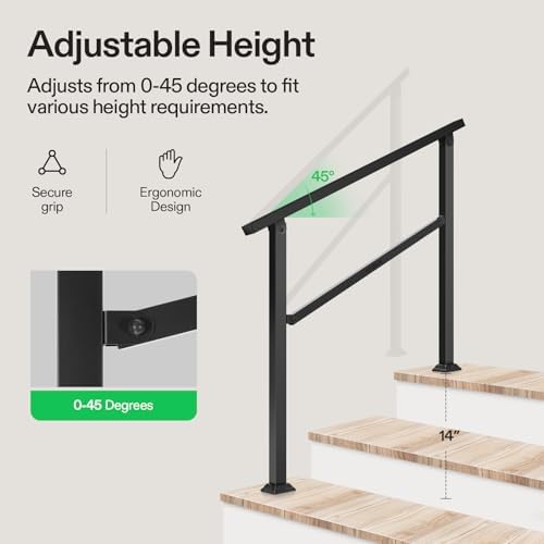 VIVOSUN Outdoor Handrail, 3 Step Stair Handrail, 40" x 36" Fits 1 to 3 Steps, Wrought Mattle Iron Handrail for Concrete Steps, Porch Steps, One-Step Assembly, Black