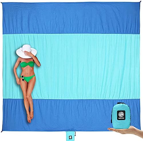 WEKAPO Beach Blanket Sandproof Waterproof, Extra Large Beach Mat, Oversized & Compact Sand Free Mat Quick Drying, Lightweight & Durable with 6 Stakes & 4 Corner Pockets