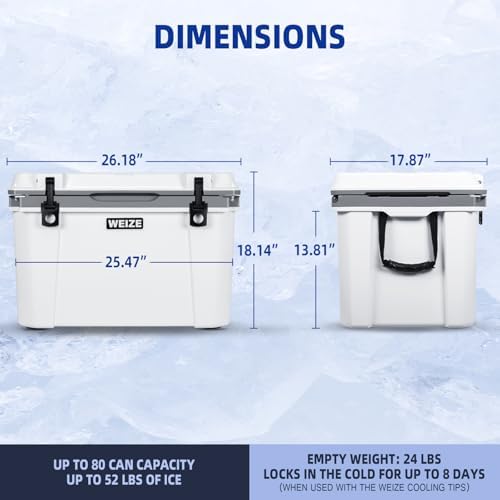 WEIZE Ultra-Light 55 Quart Hard Cooler Insulated Portable Ice Chest Box with Bottle Opener, Keeps Cold up to 8 Days for Beach, Drink, Beverage, Camping, Picnic, Fishing, Boat, Barbecue, White