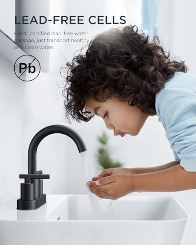 FORIOUS 4 Inch Centerset Bathroom Faucet Black 2 Hole, Two Handle Matte Black Faucet for Bathroom Sink with Metal Dain, 24" Supply Line, and 360° Rotating Spout of 4" Vanity