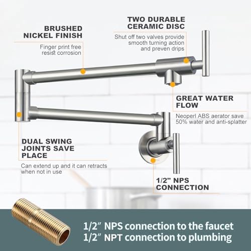 WOWOW Pot Filler Faucet Brushed Nickel, Brass Pot Filler Wall Mount Kitchen Stove Faucet with Double Joint Swing Arms