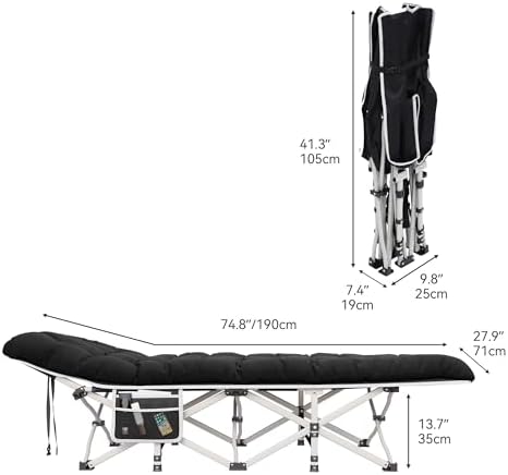 YITAHOME 2 Pcs Camping Cots w/Mattress Portable Lounge Chair Outdoor Folding Cot Heavy Duty 575 LB Capacity 1200D Oxford w/Carry Bag Travel Camp Bed for Camping, Office, Traveling, Black