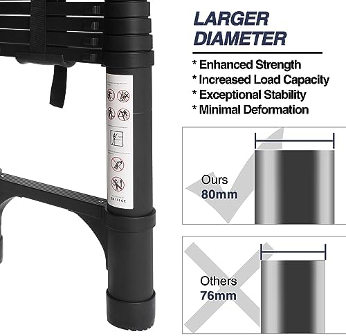 BOCOM 14.5 FT Aluminum Telescoping Ladder, Lightweight Multi-Purpose Collapsible Extension with 2 Triangle Stabilizers, Heavy Duty 330 lbs Max Capacity, Ideal for Home, RV, and Outdoor Work Black
