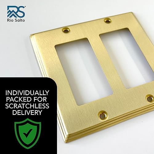 Rio Salto BRASS Modern Metal Gold Double Light Switch Wall Plate or Outlet Cover Wall Plate, Corrosion Resistant Receptacle Wallplate Rocker Covers Decora 2 Gang Brushed Brass STANDARD SIZE