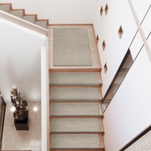 PURE ERA Carpet Stair Treads Ultra Plush 9.5" X 30"Soft Bullnose Indoor Stair Protectors Pet-Friendly Non-Slip Skid Resistant Tape Free Washable Reusable(14 Pieces, Cream Gray)
