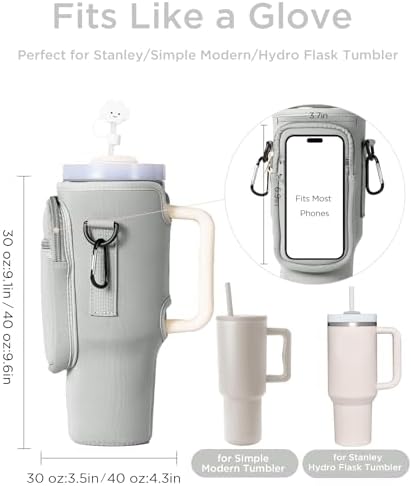 dabria Water Bottle Carrier Bag with Phone Pocket for Stanley 40/30 oz Tumbler Neoprene Water Bottle Holder Pouch with Adjustable Strap Bollus with Straw Cover & Carabiner for Stanley Cup Accessories
