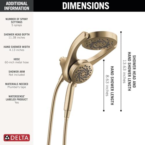Delta Faucet 5-Setting HydroRain 2-in-1 Dual Shower Head with ProClean Spray, Gold Round Shower Head with Hose, Hand Held Shower Head, Champagne Bronze 75419CZ