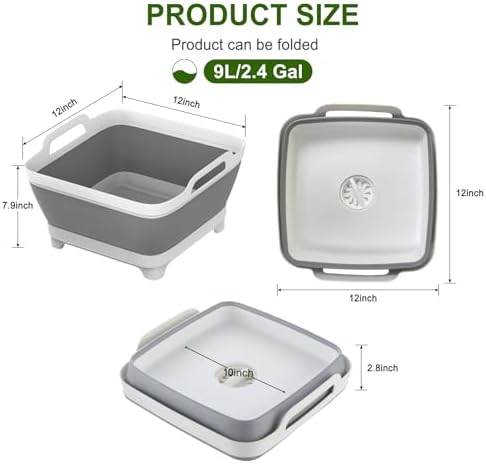 Dishpan, 9L Collapsible Washing Basin (Gray, PP, TPR), Portable Dish Tub with Drain Plug, Space-Saving Drying Rack for Kitchen, Camping, Laundry use