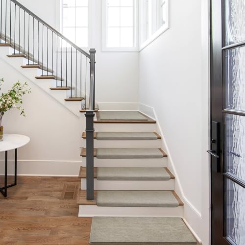 PURE ERA Carpet Stair Treads Ultra Plush 9.5" X 30"Soft Bullnose Indoor Stair Protectors Pet-Friendly Non-Slip Skid Resistant Tape Free Washable Reusable(14 Pieces, Cream Gray)