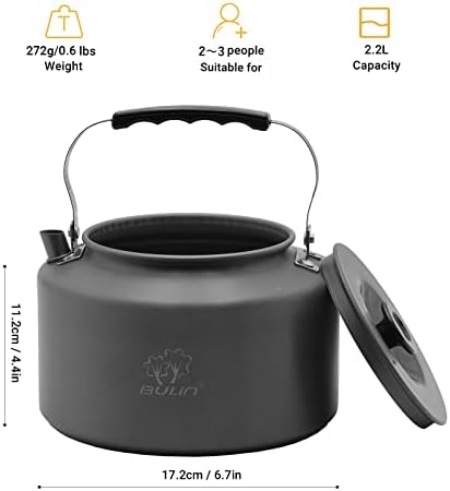 Bulin Camping Kettle, 2.2L Large Portable Stovetop Tea Kettle Fast Heating Boiling Hot Water for Open Fire Lightweight Coffee Pot with Anti-Scald Handle & Carry Bag for Outdoor Hiking Picnic Travel