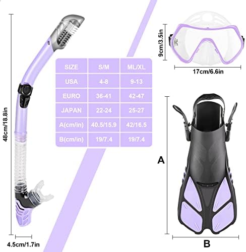 ZEEPORTE Mask Fin Snorkel Set, Travel Size Snorkeling Gear for Adults with Panoramic View Anti-Fog Mask, Trek Fins, Dry Top Snorkel and Gear Bag for Swimming Training, Snorkeling Kit Diving Packages