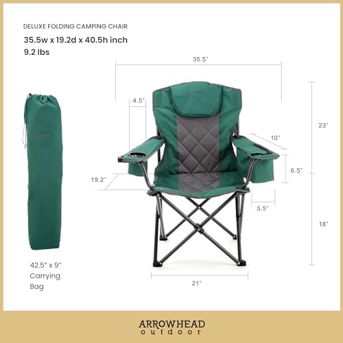 ARROWHEAD OUTDOOR Portable Folding Camping Quad Chair w/ 6-Can Cooler, Cup & Wine Glass Holders, Heavy-Duty Carrying Bag, Padded Armrests, Headrest & Seat, Supports up to 550lbs, USA-Based Support