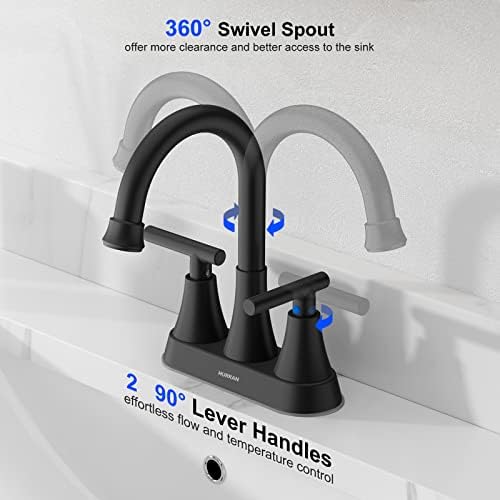 Bathroom Faucets for Sink 3 Hole, Hurran 4 inch Matte Black Bathroom Sink Faucet with Pop-up Drain and 2 Supply Hoses, Stainless Steel Lead-Free Centerset Faucet for Vanity RV, 2 Pack