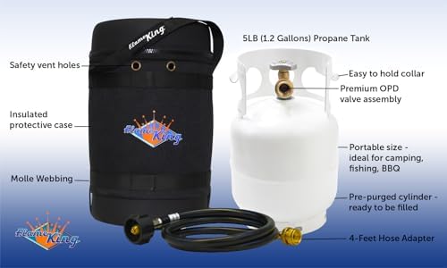 Flame King Gas Hauler Kit - Insulated Protective Carry Case, 5LB Propane Tank and Adapter Hose for Camping and Outdoor Adventures, Black/White
