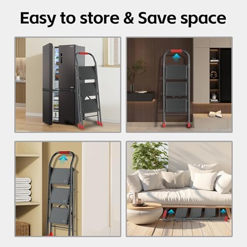 Step Ladder Foldable Folding Stool - for Home Adults Kitchen 3 Stepping Extension Tall Heavy Duty with Handrails - Closet Stepstool Stair Ladders Extendable Stepladder for Indoor House 600Lbs