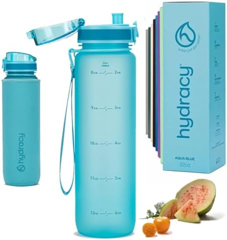 Hydracy Water Bottle with Time Marker -Large BPA Free Water Bottle & No Sweat Sleeve -Leak Proof Gym Bottle with Fruit Infuser Strainer & Times to Drink -Ideal for Fitness Sports & Outdoors