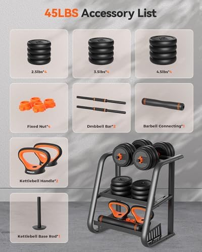 FEIERDUN Adjustable Dumbbells, 20/30/40/45/70/90lbs Free Weight Set with Connector, 5 in1 Dumbbells Set Used as Barbell, Kettlebells, Push up Stand, Weight Plate, Fitness Exercises for Home Gym Suitable Men/Women