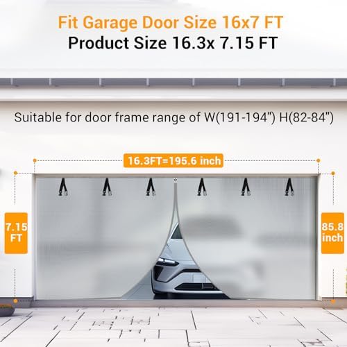 2025 Privacy Garage Door Screen for 2 Car 16x7FT, Heavy Duty Magnetic Closure Garage Screen Door, Durable Nylon Screen Door Mesh, Garage Net Screen for Garage, Silver Grey