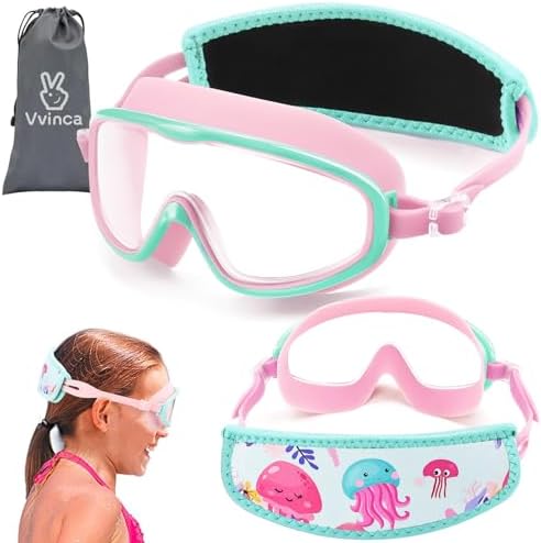 Vvinca Kids Swim Goggles for Age 2-8, Toddler-Goggles with Fabric Strap No Leak Pain-Free, Anti-Fog Goggles for Girls Boys