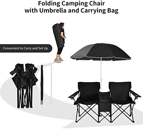ReunionG Double Folding Camping Chairs, Portable Beach Chairs with Removable Umbrella & Mini Table Carrying Bag, Outdoor Lawn Chairs for Picnic, Patio, Pool, Park (Black)