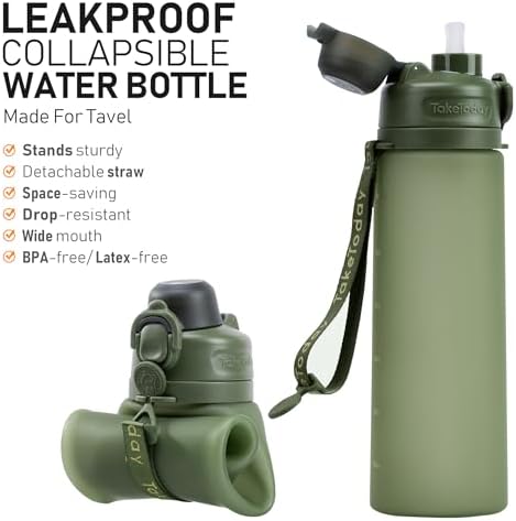 Collapsible Water Bottles 20oz, Leak Proof, BPA-Free, Foldable Silicone Travel Water Bottle with Straw Strap for Cycling, Hiking, Outdoors