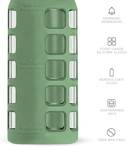 purifyou 40/32/22/12 oz Borosilicate Glass Water Bottles with Volume Markers, Silicone Sleeve, Stainless Steel Lid, Reusable Bottle for Water, Juice, Gym, and Fridge Storage (22oz Shale Green)