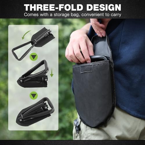 REDCAMP 23" Military Folding Camping Shovel w/Cover,Portable Shovel with High Manganese Steel, Tactical Entrenching Tool Tri-fold Handle Shovel for Camping Hiking Sand Mud Snow Beach, Black 2.5Lbs