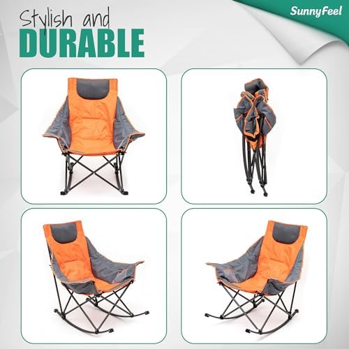SUNNYFEEL Oversized Heated Camping Chair, Folding Rocking Camping Chairs with Luxury Padded Recliner,Carry Bag, 500 LBS Heavy Duty for Lawn/Outdoor/Picnic/Patio, Portable Rocker Camp Chair