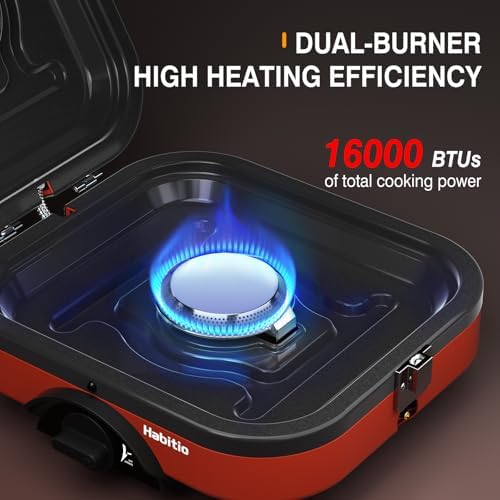 2-Burner Camping Stove Foldable, Portable Propane Camp Stove with 16000 BTU Adjustable Burners and Piezo Ignition, Folding Stove with Carry Bag & Handle for Camping, Tailgating, Backyard BBQ - Red