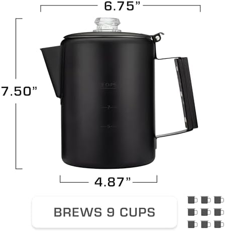 COLETTI Black Bozeman Percolator Coffee Pot — Camping Coffee Pot, Coffee Percolator – America’s Sleekest Percolator – Pure Stainless Steel, NO Aluminum or Plastic (9 Cup)