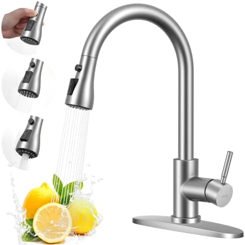 Arofa Kitchen Faucet with Pull Down Sprayer, Brushed Nickel Kitchen Sink Faucet Single Handle Stainless Steel for 1 or 3 Hole Farmhouse Laundry Utility Rv Bar Sinks