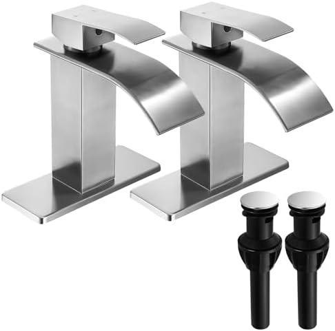 FRANSITON Brushed Nickel Waterfall Bathroom Faucet Lavatory Single Handle 1 or 3 Hole Bathroom Sink Faucet Washbasin Faucet with Deck and Pop-up Drain (Brushed Nickel- Set of 2, Short)