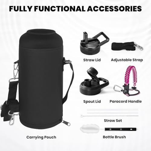 Insulated Water Bottle 87 oz, Triple Wall Vacuum Stainless Steel (Cold for 48 Hrs), Leak Proof & Non-BPA, Modern Water Flask Jug with Paracord Handle & Straw Spout Lids, Ombre Pink
