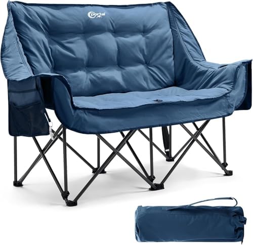 PORTAL Double Camping Chair Sofa 2 Person Loveseat Folding Thicken Camp Chair for Adults with Cup Holder, Outdoors Lawn Camp Soccer Sports, Support 600 lbs (Blue)