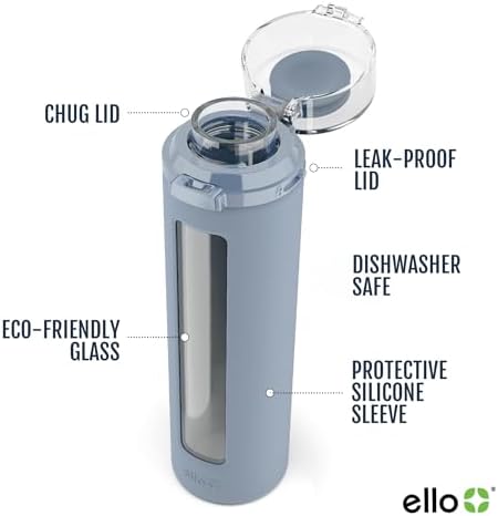 Ello Syndicate 20oz Reusable Glass Water Bottle with One-Touch Leak Proof Flip Lid and Protective Non-Slip Silicone Sleeve and Carry Loop for Coffee, Tea and Water, BPA-free Dishwasher Safe