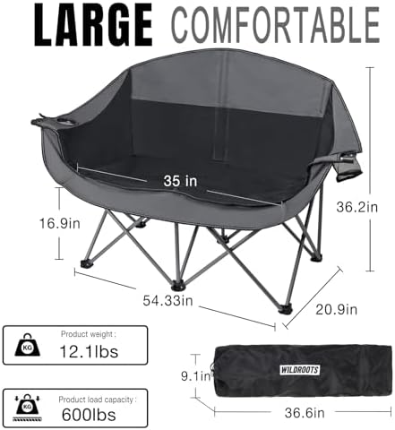 WILDROOTS Outdoor Folding Double Camping Chair Adults 2 Person,Heavy Duty 600 LBS Loveseat with 2 Cup Holder,Portable Carry Bag Included for Camping,Lawn,Backyard,Movie
